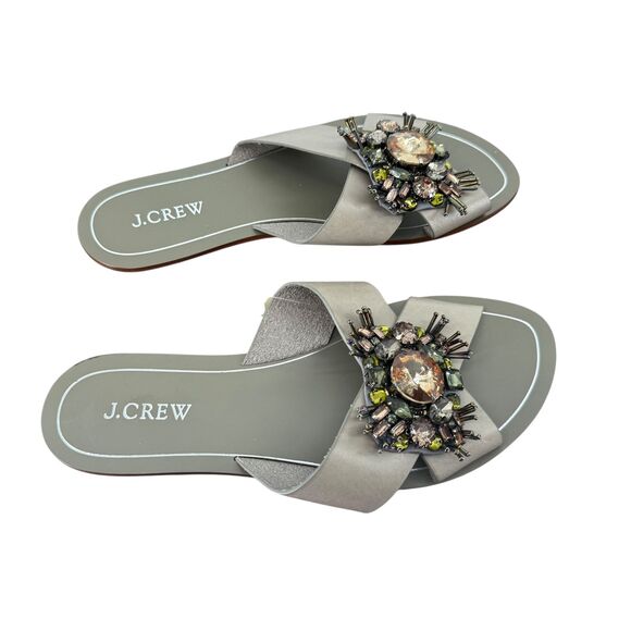 J. Crew Cyrpus Sandals Women's 8 Gray Leather Jeweled Flat Slide C6420 HTF NWT - Picture 5 of 16